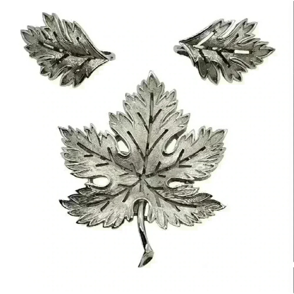 Alfred Philippe Crown Trifari Leaf Brooch Earrings Orig Set Silver Rare Vintage
